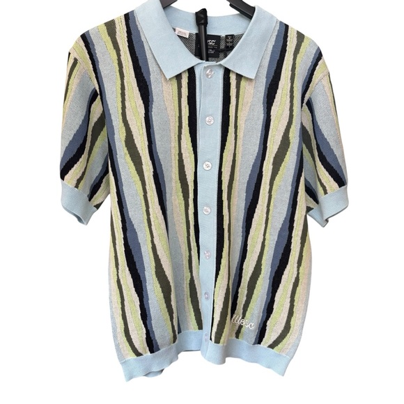 WESC Collar Polo Button Front Blue/Green Ripple Sky Pattern Men's M Women L NWT - Picture 2 of 10